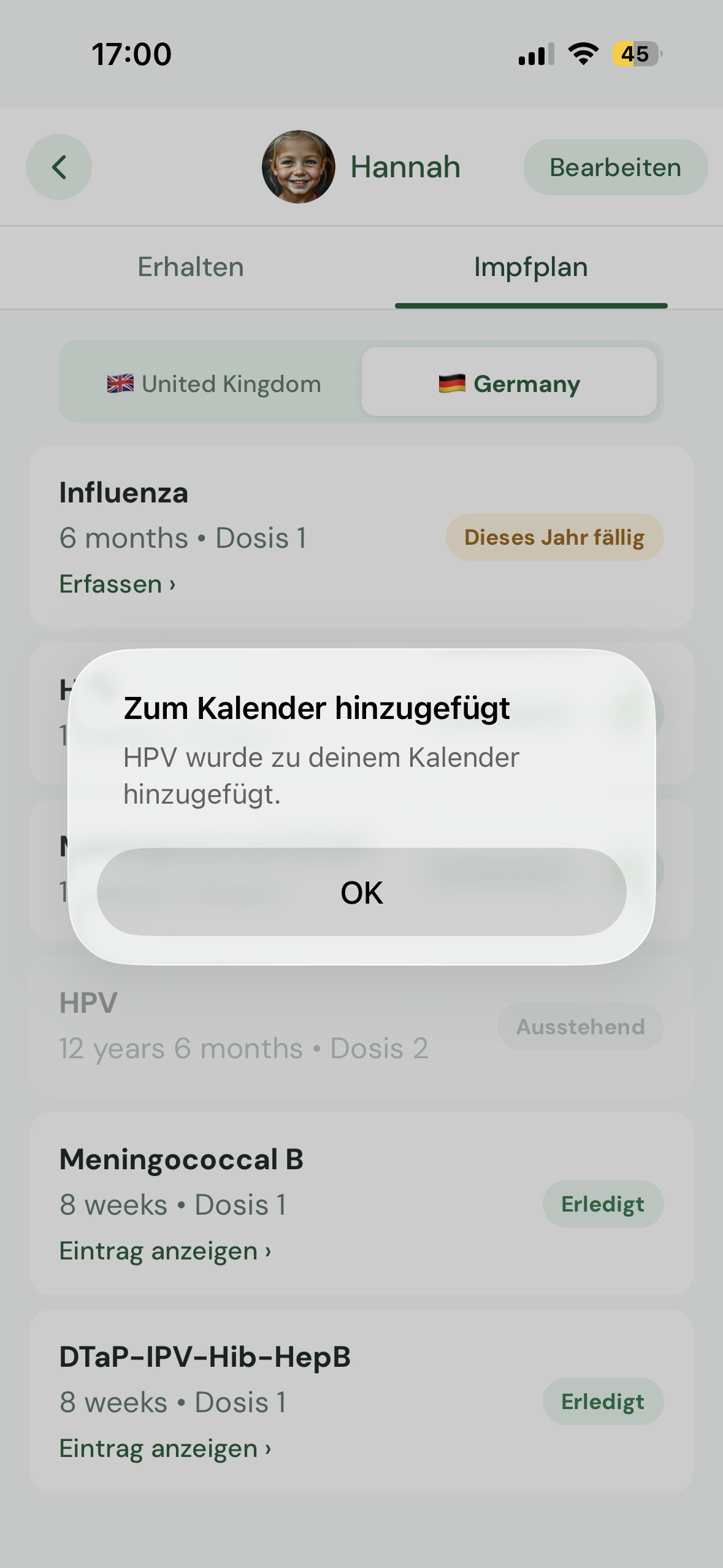 Startbildschirm mit überfälliger Impfanzeige
