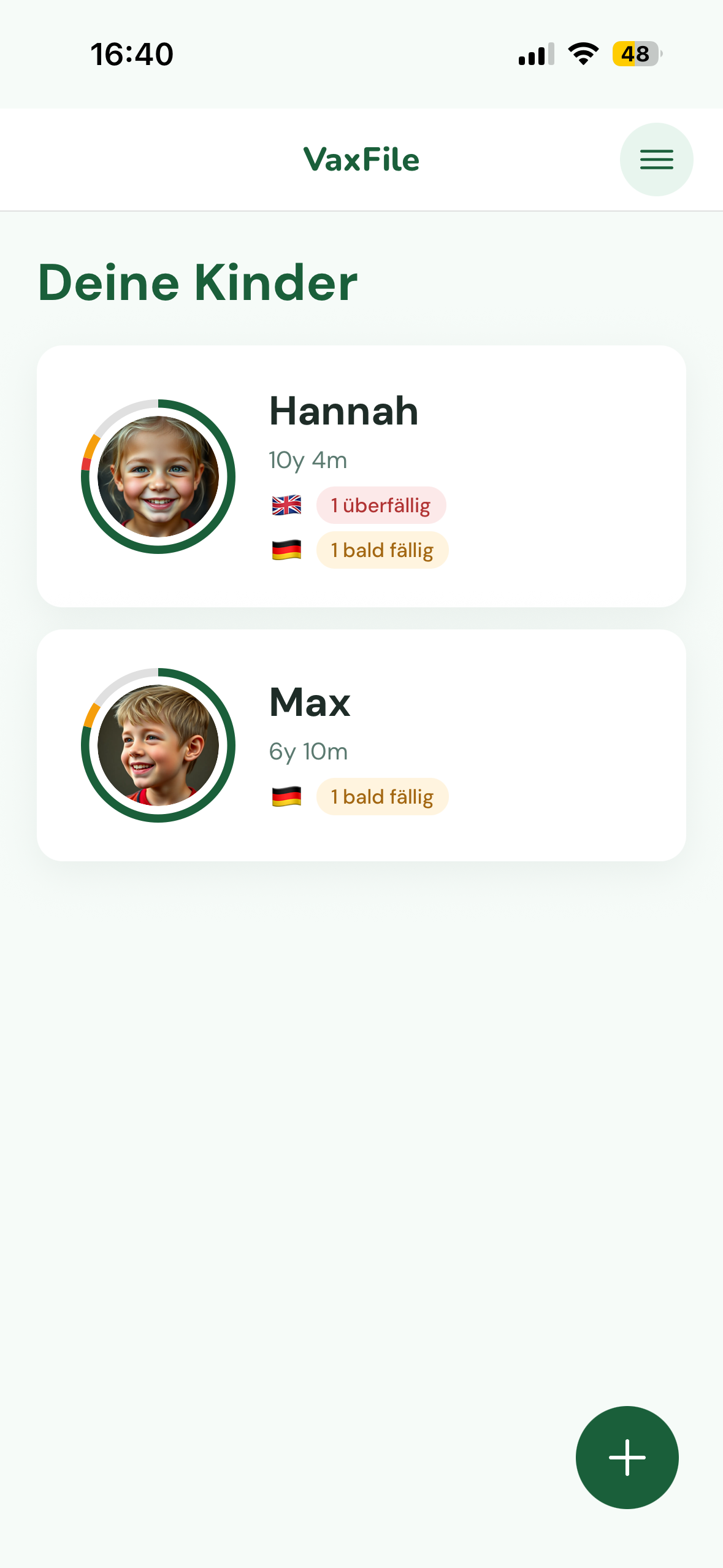 VaxFile Startbildschirm mit Kinderprofil