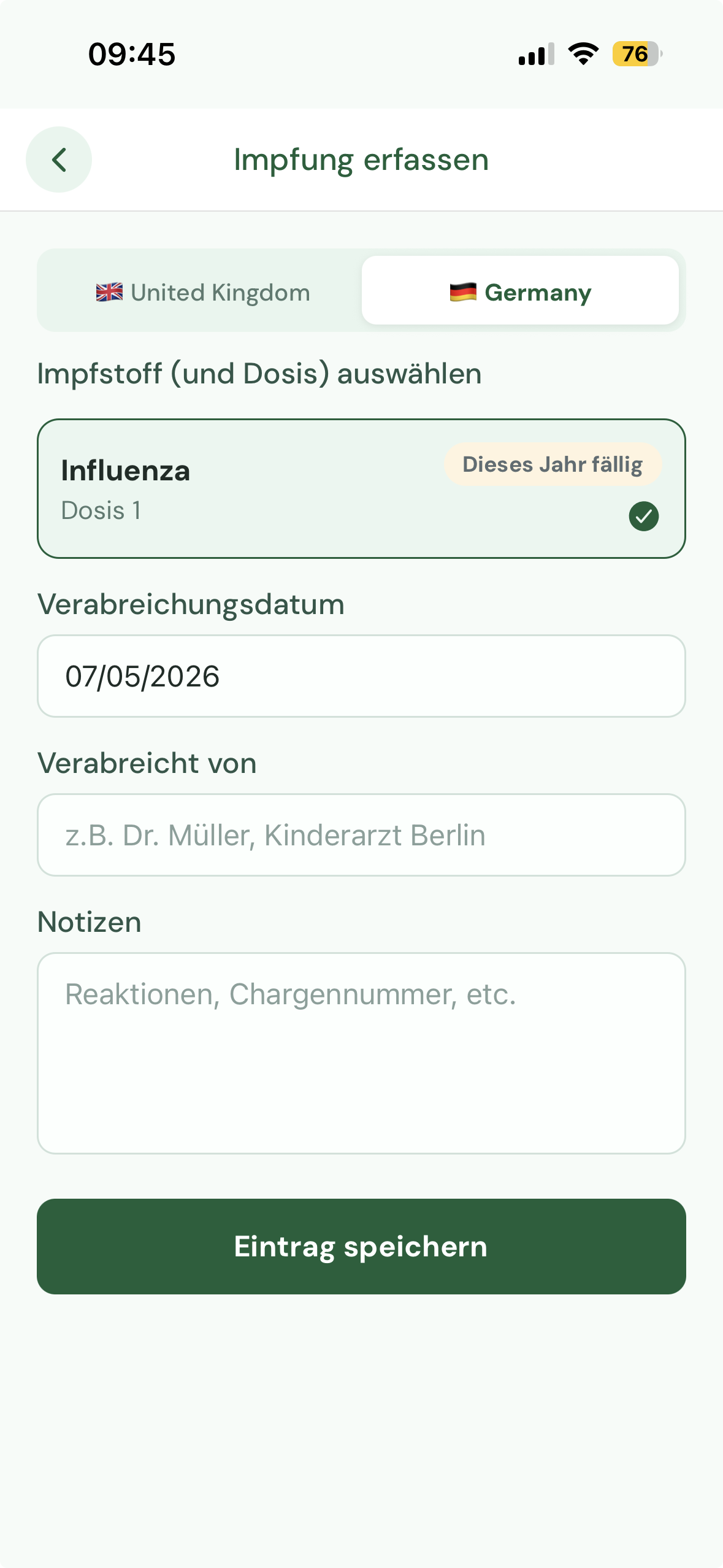 Formular zum Eintragen einer Impfung