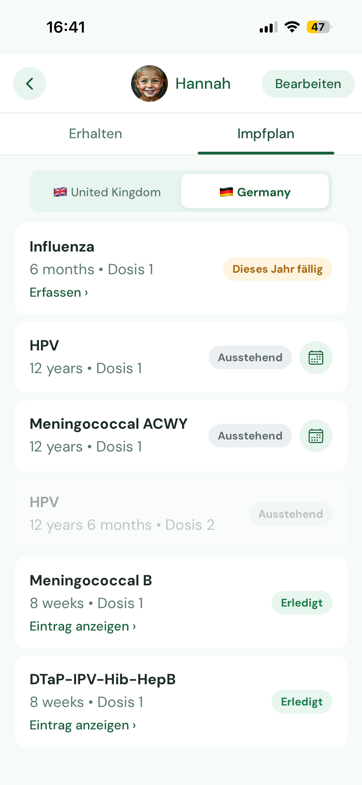 Impfkalender mit anstehenden und überfälligen Impfungen