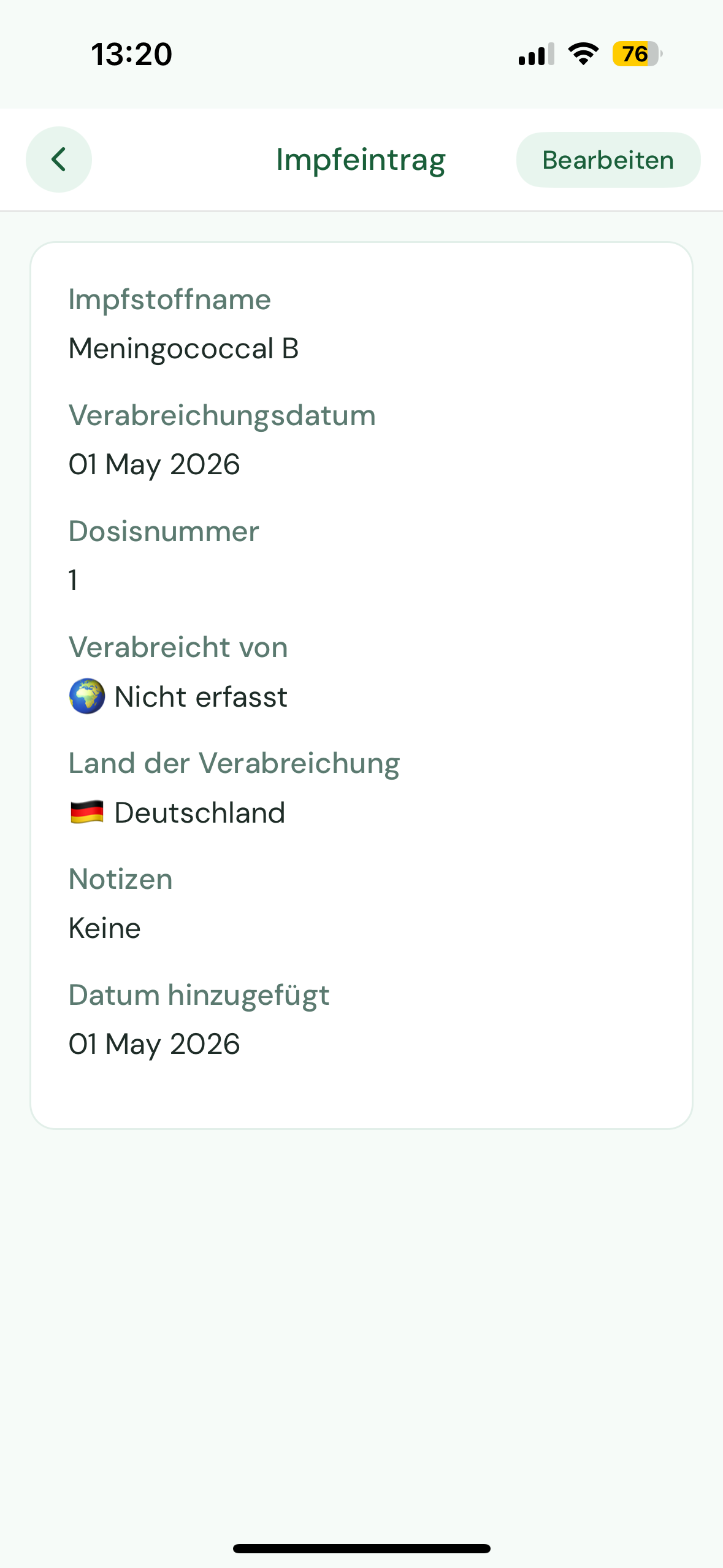 Detailansicht eines Impfeintrags