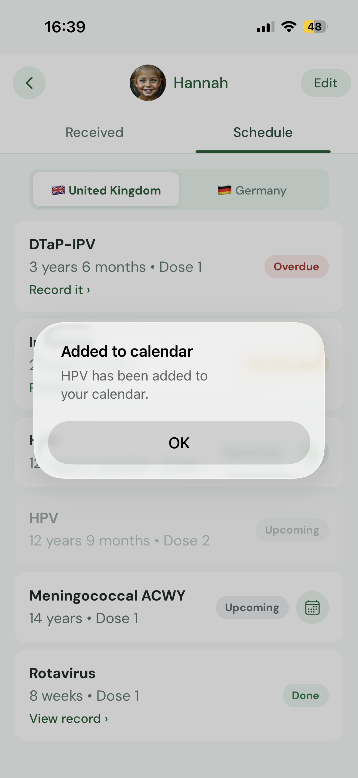Home screen showing a child with overdue indicator