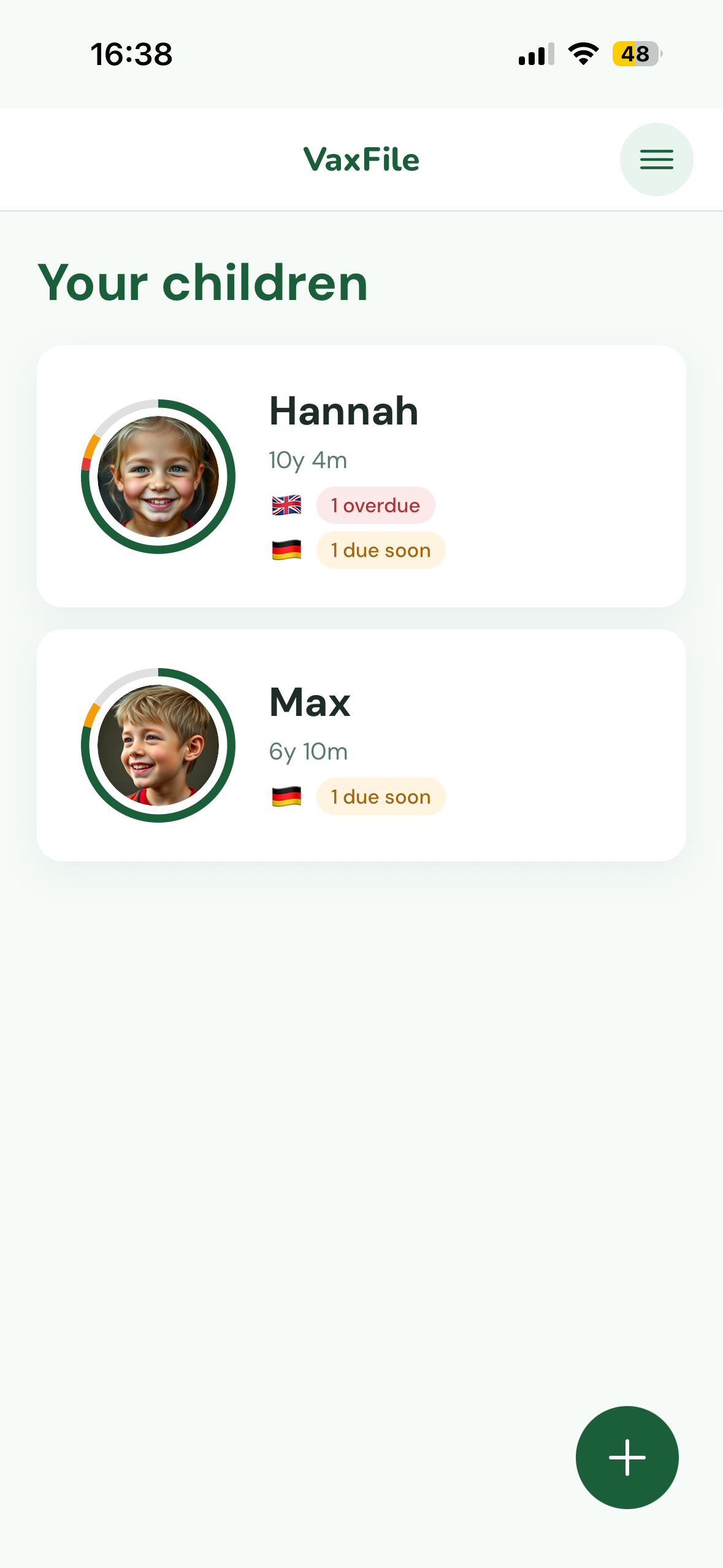VaxFile home screen showing a child profile