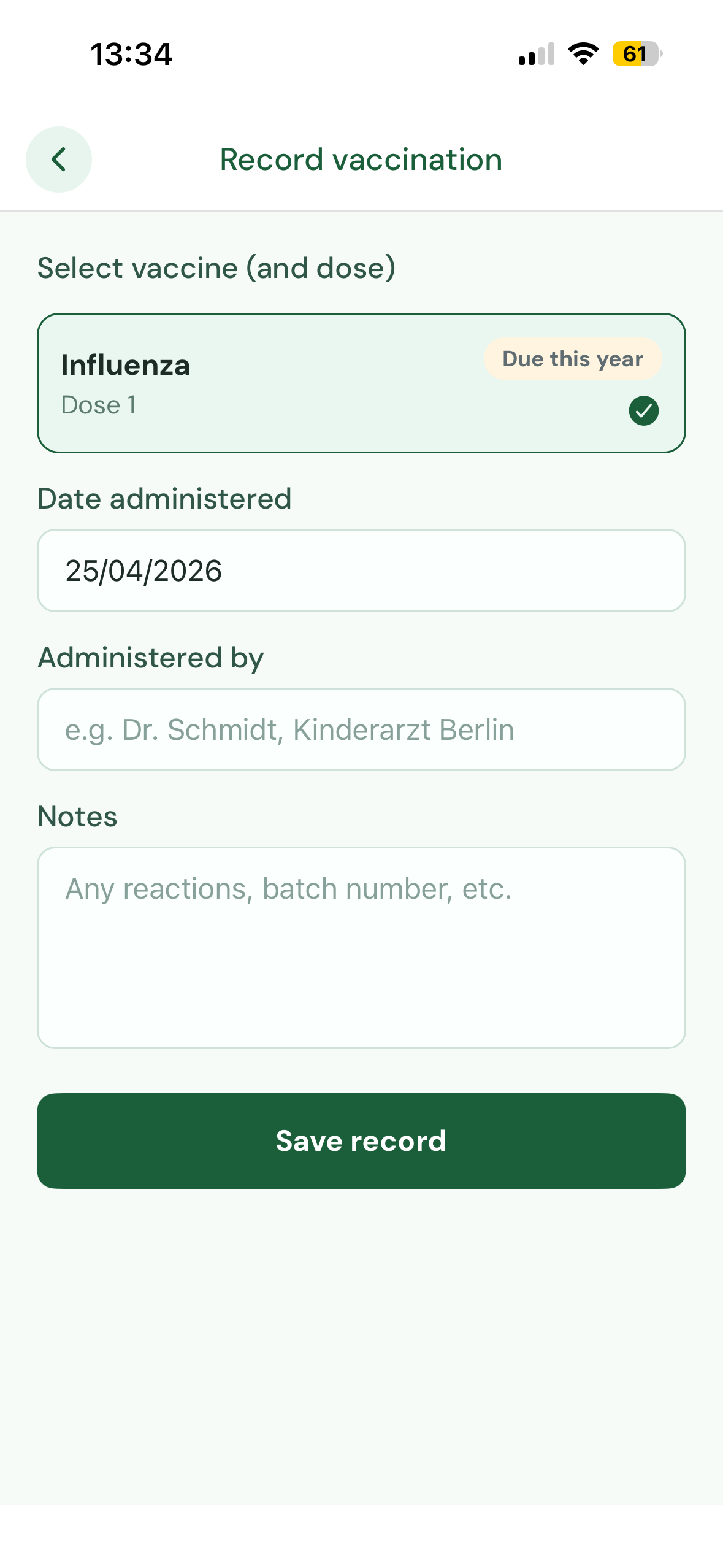 Form to record a new vaccination