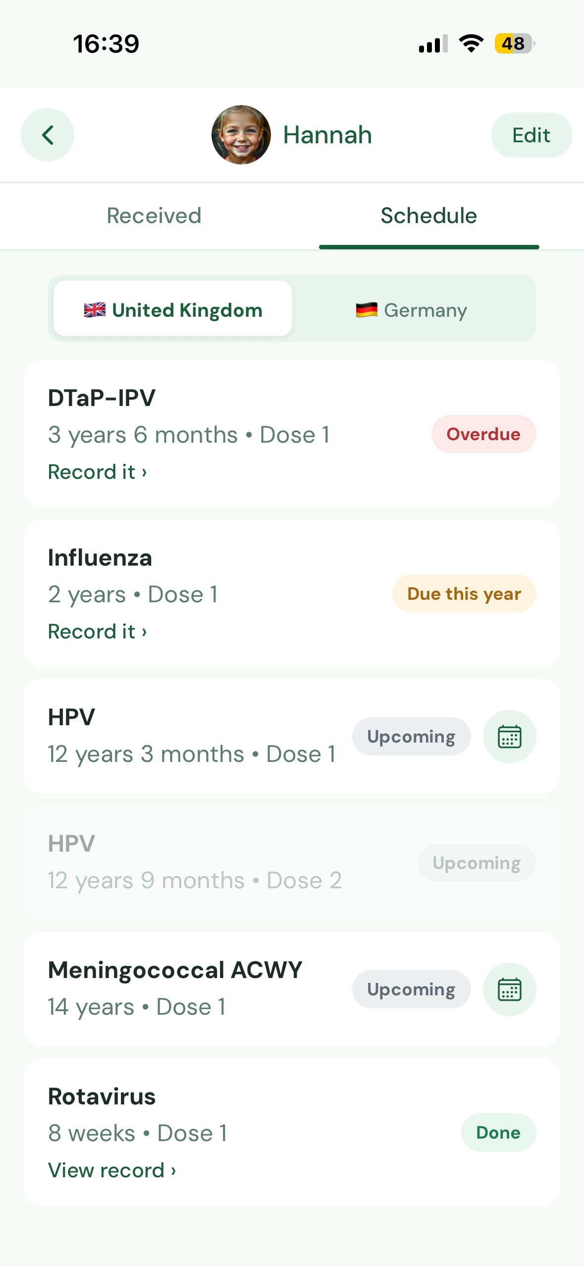 Vaccination schedule with upcoming and overdue items