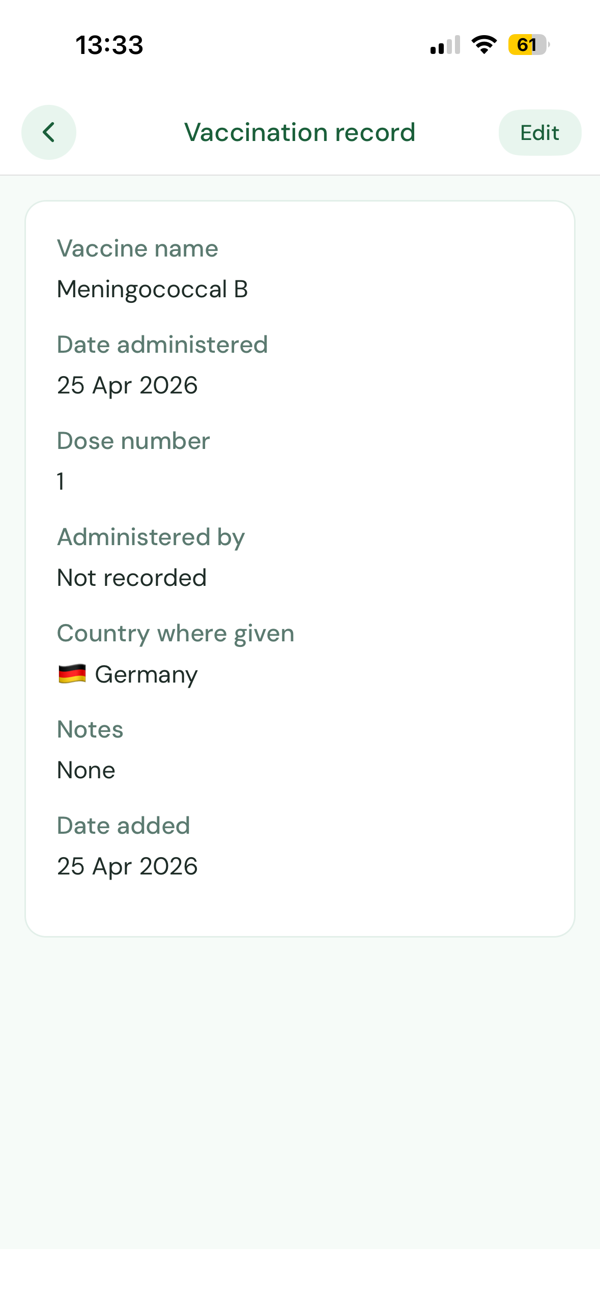 Detailed vaccination record view