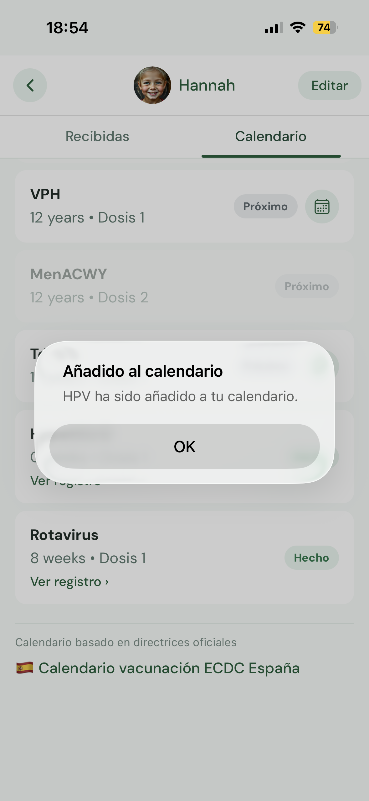 Pantalla de inicio con indicador de vacuna pendiente