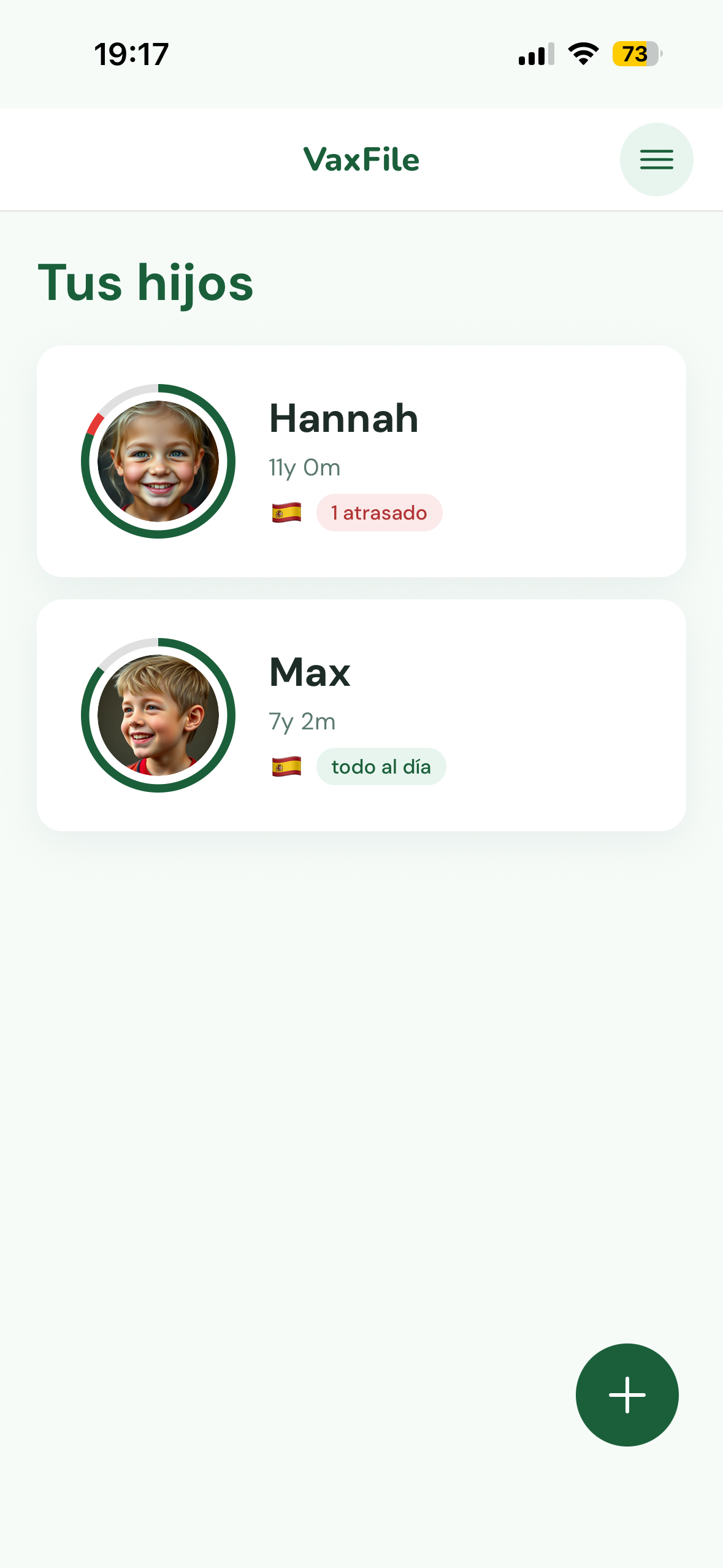 Pantalla de inicio de VaxFile con perfil infantil