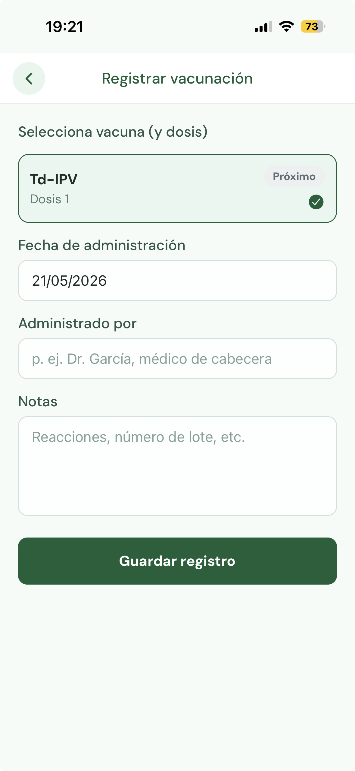 Formulario para registrar una nueva vacunación