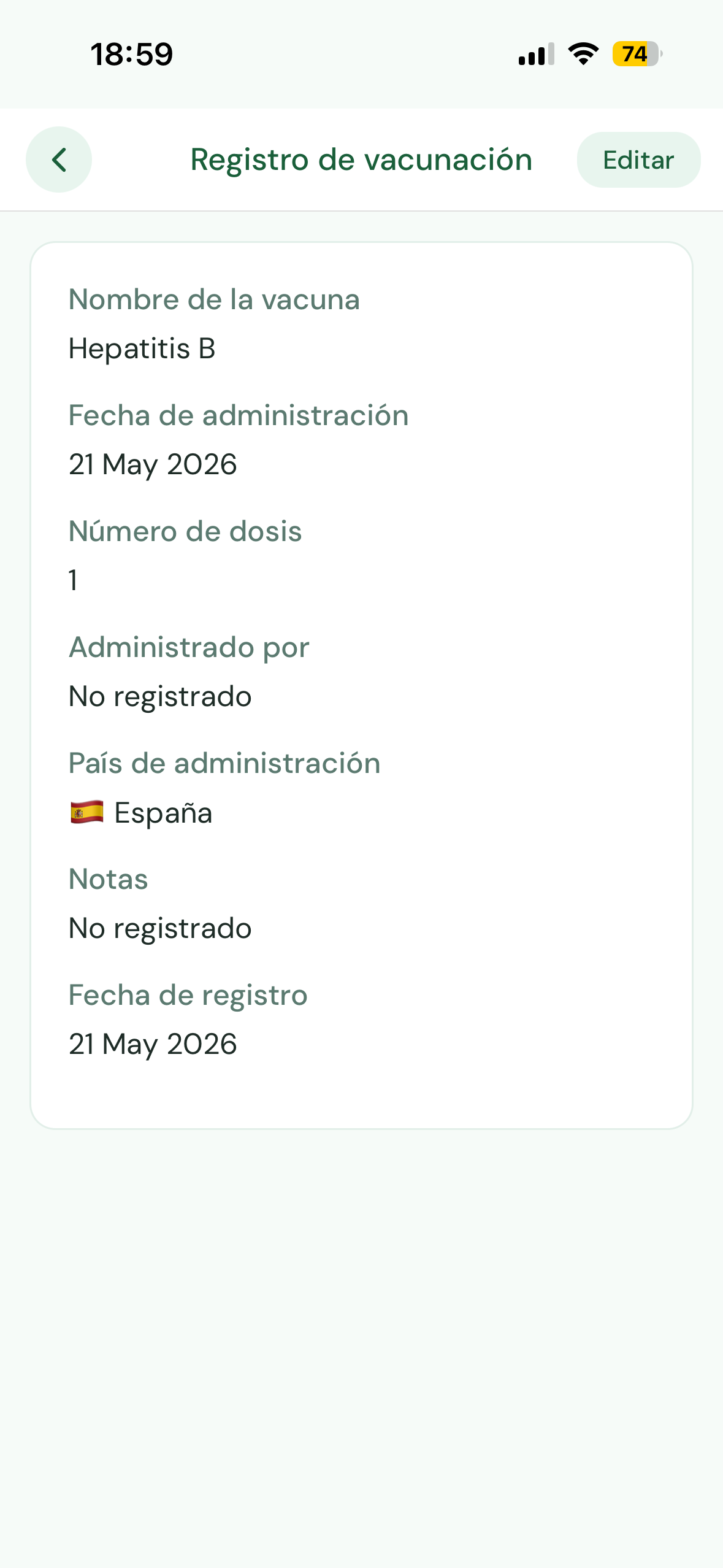 Vista detallada de un registro de vacunación