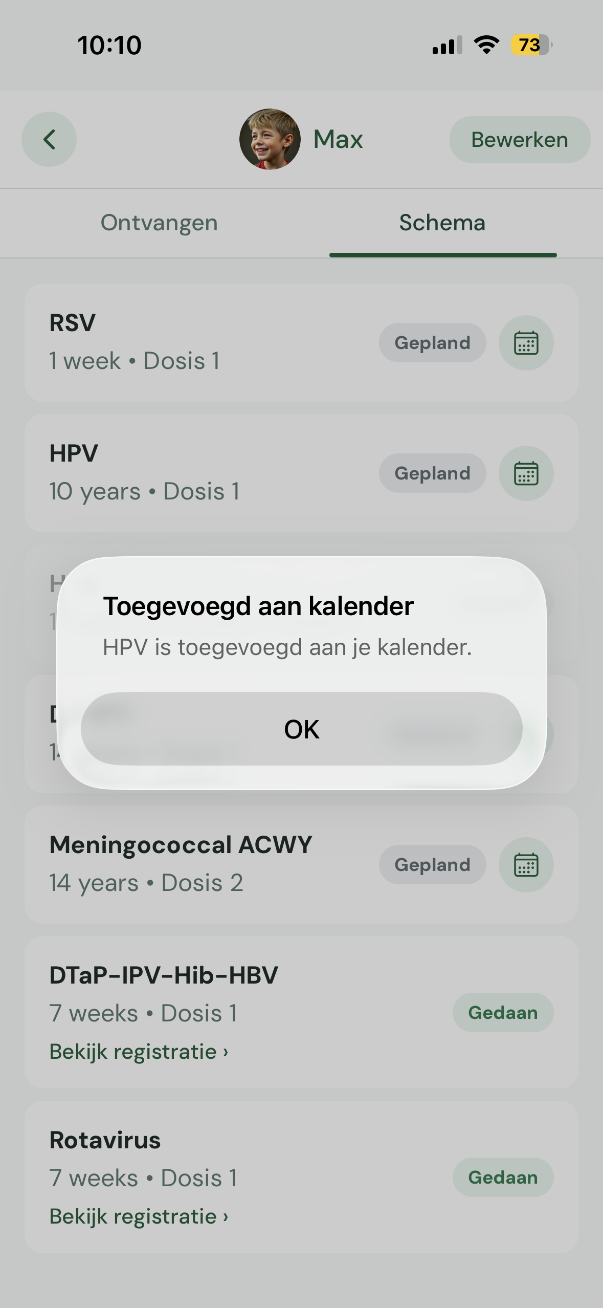 Startscherm met kind en achterstallige vaccinatie-indicator