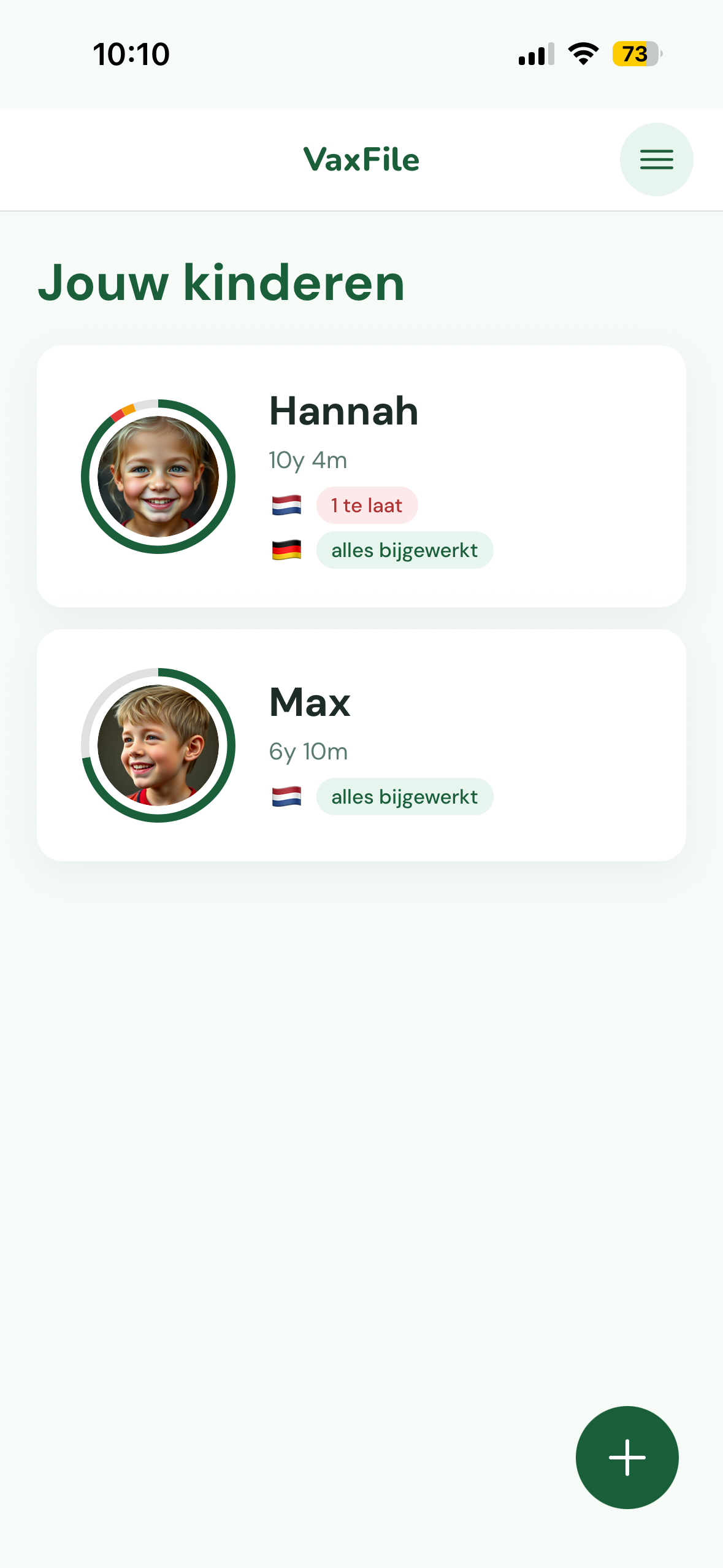 VaxFile startscherm met kinderprofiel
