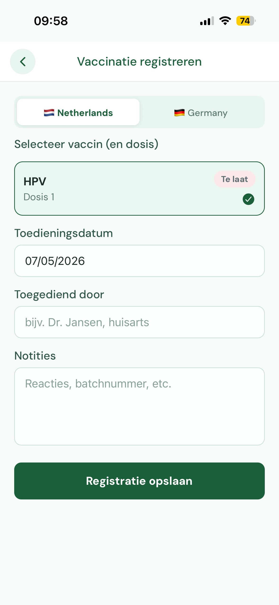 Formulier om een nieuwe vaccinatie vast te leggen