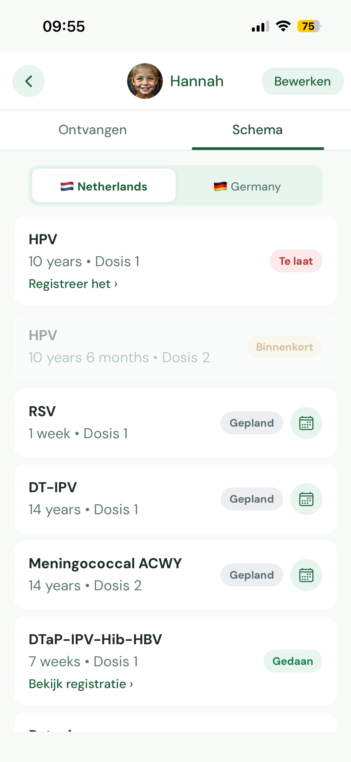 Vaccinatieschema met aankomende en achterstallige vaccinaties