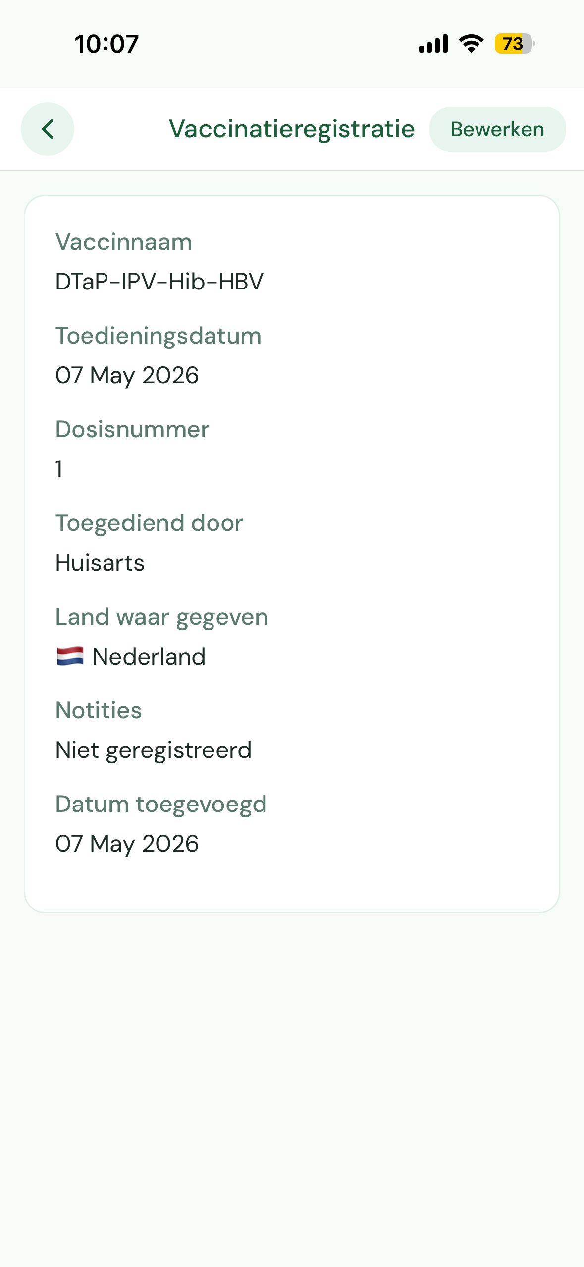 Detailweergave van een vaccinatie-invoer